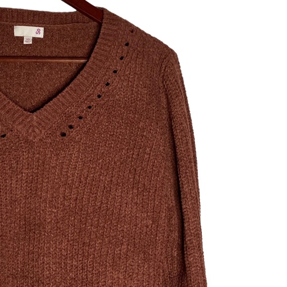 So Brown Oversized Knit Long Sleeve Sweater Split High Low Hi Lo Hem V Neck XS - Picture 6 of 15